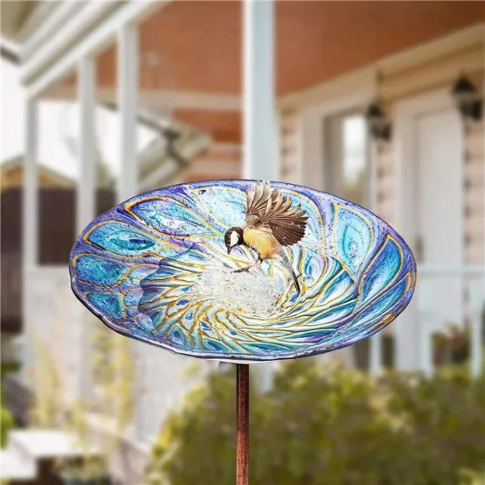 Glass Bird Bath Outdoor BirdBath Garden Bird Feeder with Metal Stake